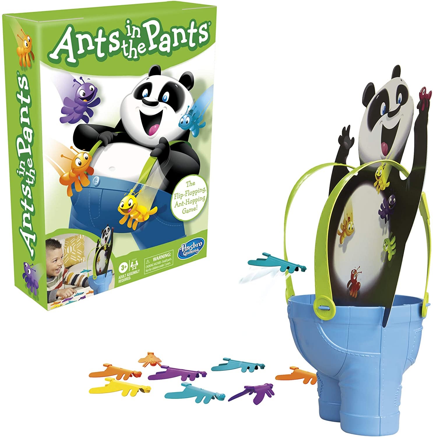 Game box with illustration of panda and cartoon bugs next to plastic panda-shaped game board and game pieces