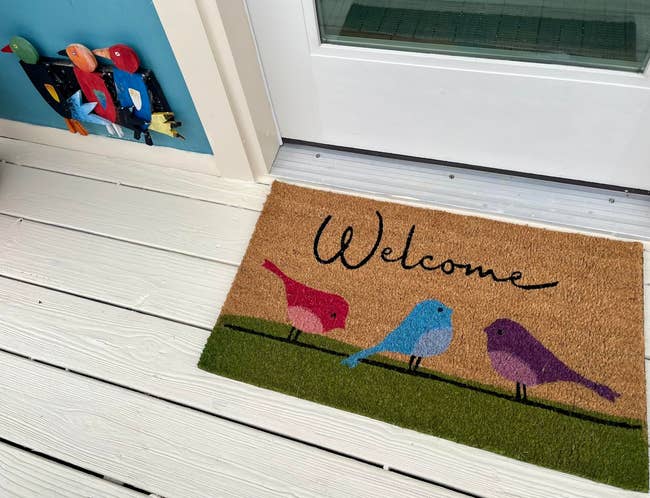 Welcome mat with colorful vertebrate plan connected a porch. A partition decoration with akin vertebrate motif is nearby