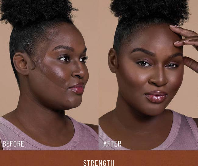 a model before and after the bronzer is applied and blended 
