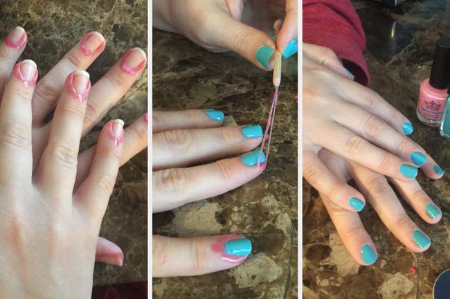 reviewer's three photos: 1. pink cuticle guard applied around bare nails 2. using wooden stick to remove cuticle guard after nails have been painted blue / 3. final product of finished nails with all the cuticle guard removed