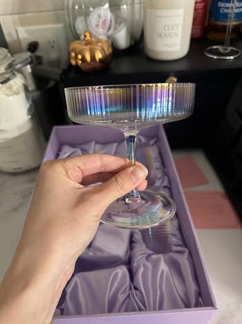 A hand holds a glass champagne coupe over a box with purple cushioning, surrounded by home decor items on a countertop