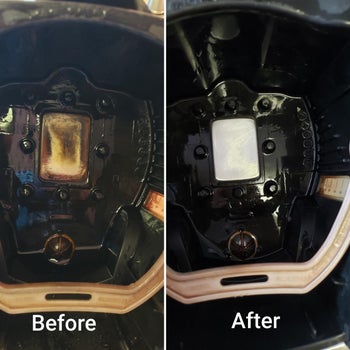Reviewer before and after pic of a dirty coffee machine that gets cleaned