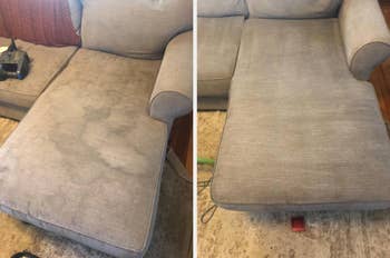 reviewer's before and after photo of couch with giant stain then looking clean with no sign of a stain