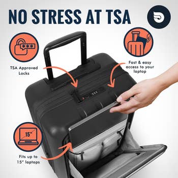 Travel suitcase highlighting TSA-approved locks, easy laptop access, and fits 15'' laptops, for stress-free TSA checks