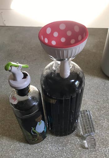 Mushroom flipped to act as a funnel for a soy sauce jar 