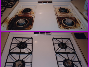 Reviewer image of before and after image of oven with burnt grease and clean outcome
