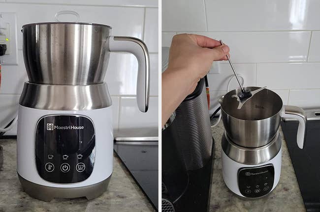 Reviewer image of white and silver milk frother and steamer on top of counter with digital temperature display, reviewer holding product's internal whisk