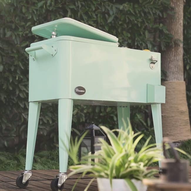 Mint green Traeger grill on a patio next to foliage