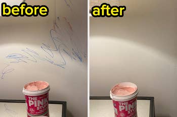 left: reviewer before photo of white wall with crayon coloring all over it / right: the same wall cleaned flawlessly with the Pink Stuff