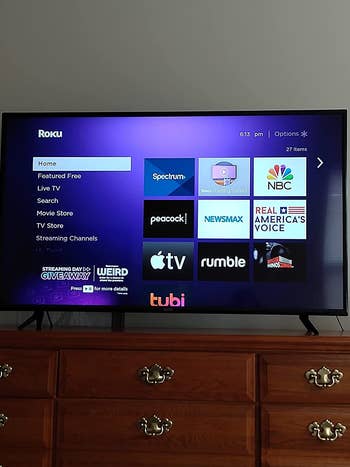 Reviewer's tv showing some of the apps you can use with the Roku: Apple TV, NBC, peacock 