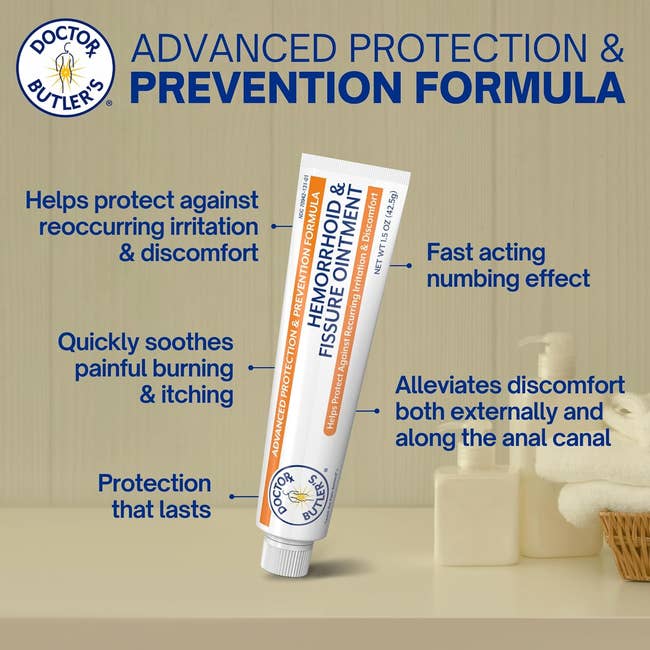 Doctor Butler's Hemorrhoid & Fissure Ointment conduit  connected  a counter, emphasizing extortion  from irritation, accelerated   relief, and lasting comfortableness  benefits
