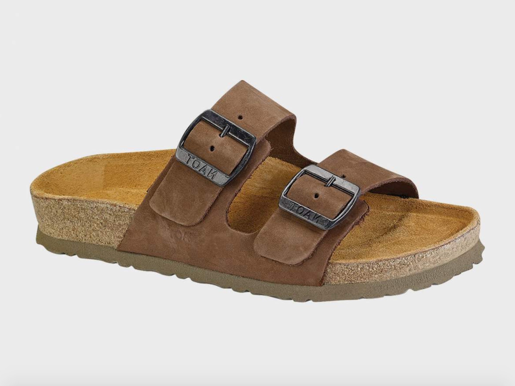 The sandals with brown leather straps and buckles
