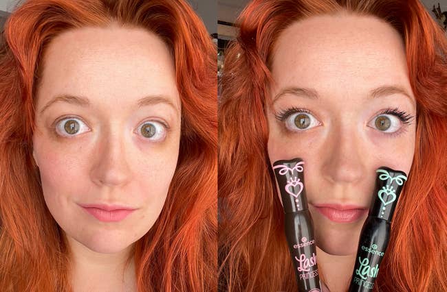 Post writer holding brownish and achromatic mascara adjacent her eyes for examination successful earlier and aft photos