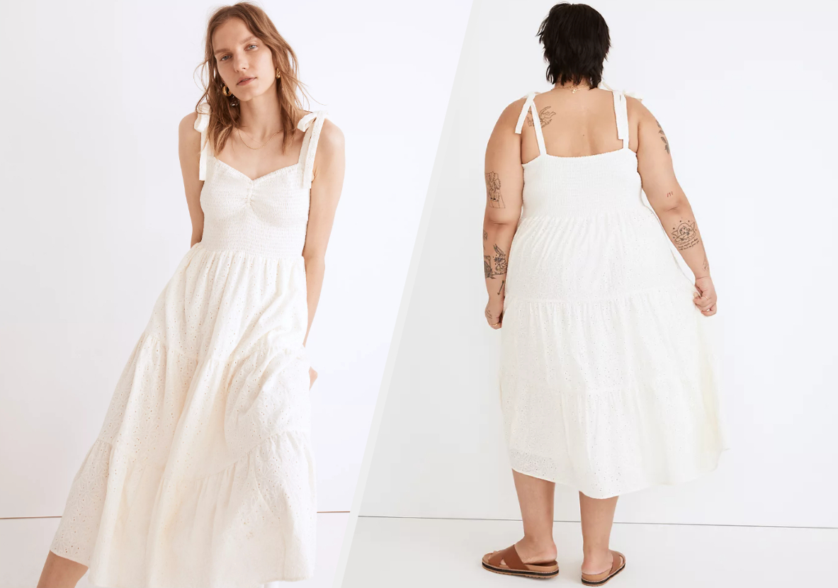 Two images of models wearing white midi dress