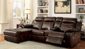 lifestyle photo of brown faux leather reclining sofa