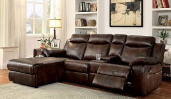 lifestyle photo of brown faux leather reclining sofa