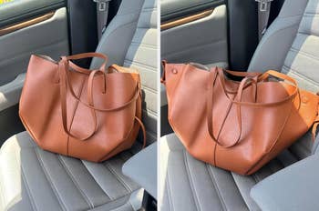 Close-up side-by-side images show a brown leather tote bag on a car seat, highlighting its details and roomy design