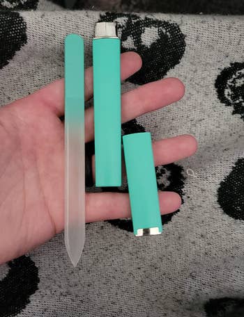reviewer holding nail file and case in green