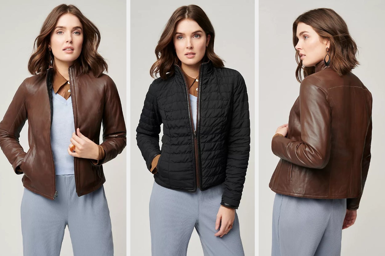 Three images of a model wearing the brown reversible jacket