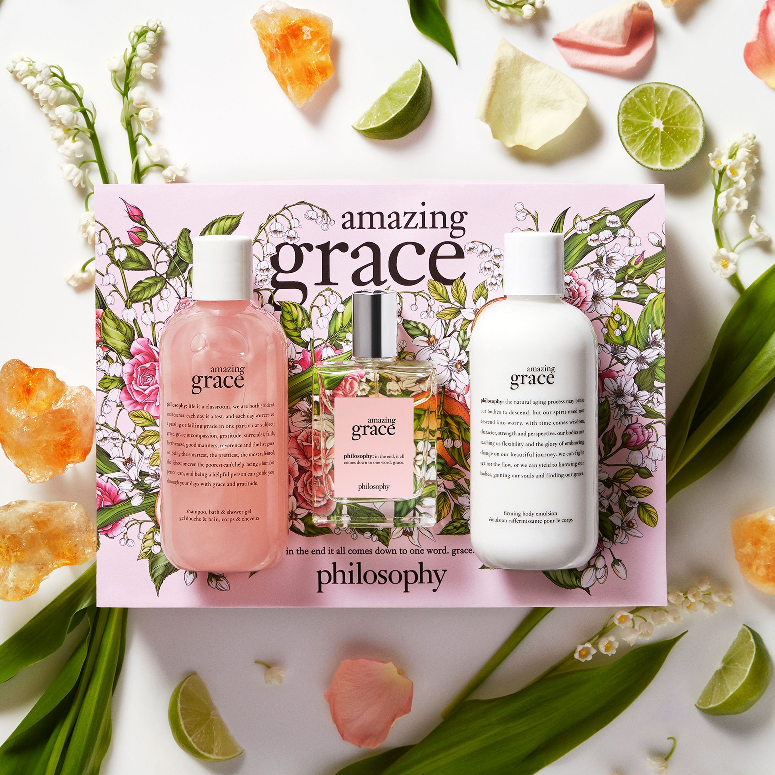 the bottle of shampoo/body wash, perfume, and lotion in a floral gift set