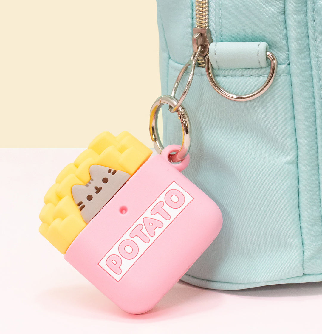 pink yellow and gray airpods case that says