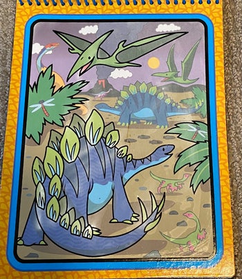 A water activated coloring book with a colored-in image of a dinosaur