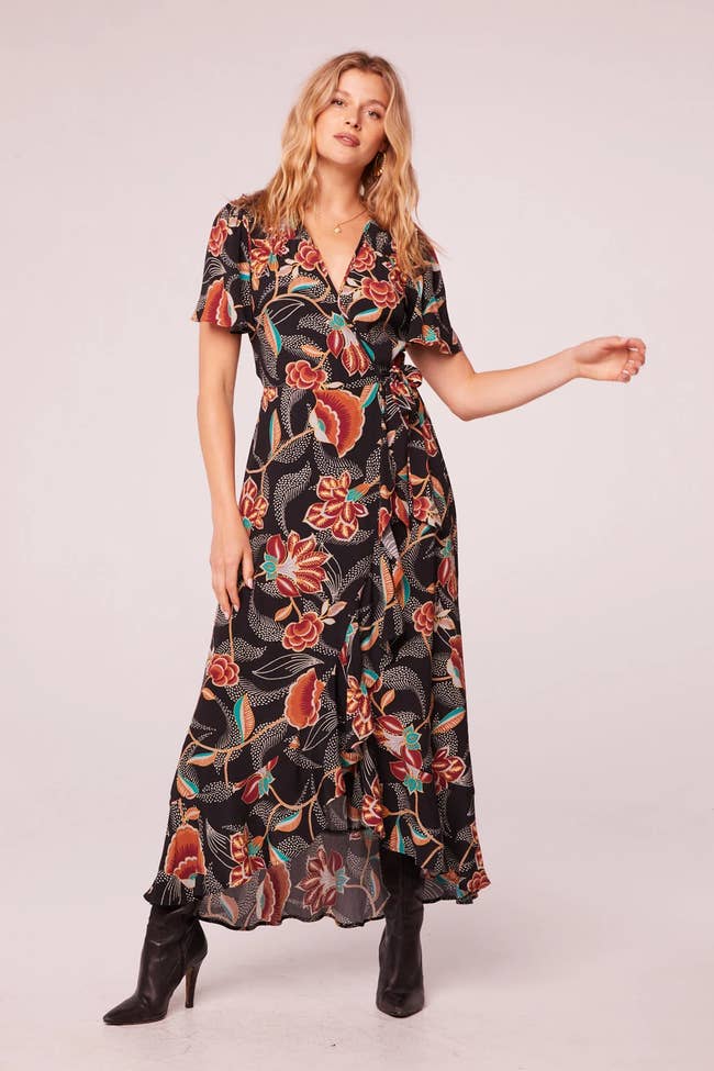 model in wrap floral print dress