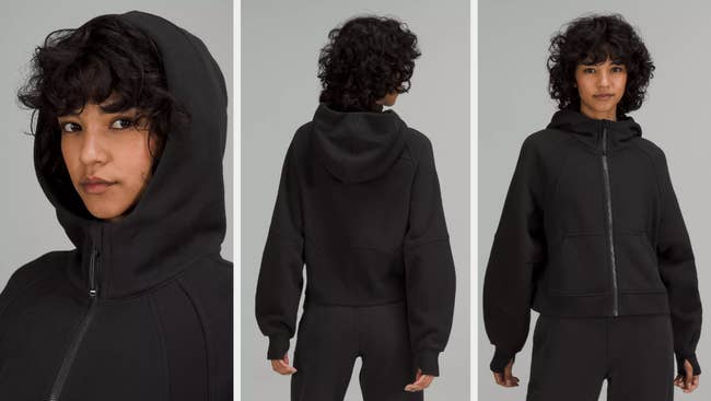Three images of model wearing black hoodie