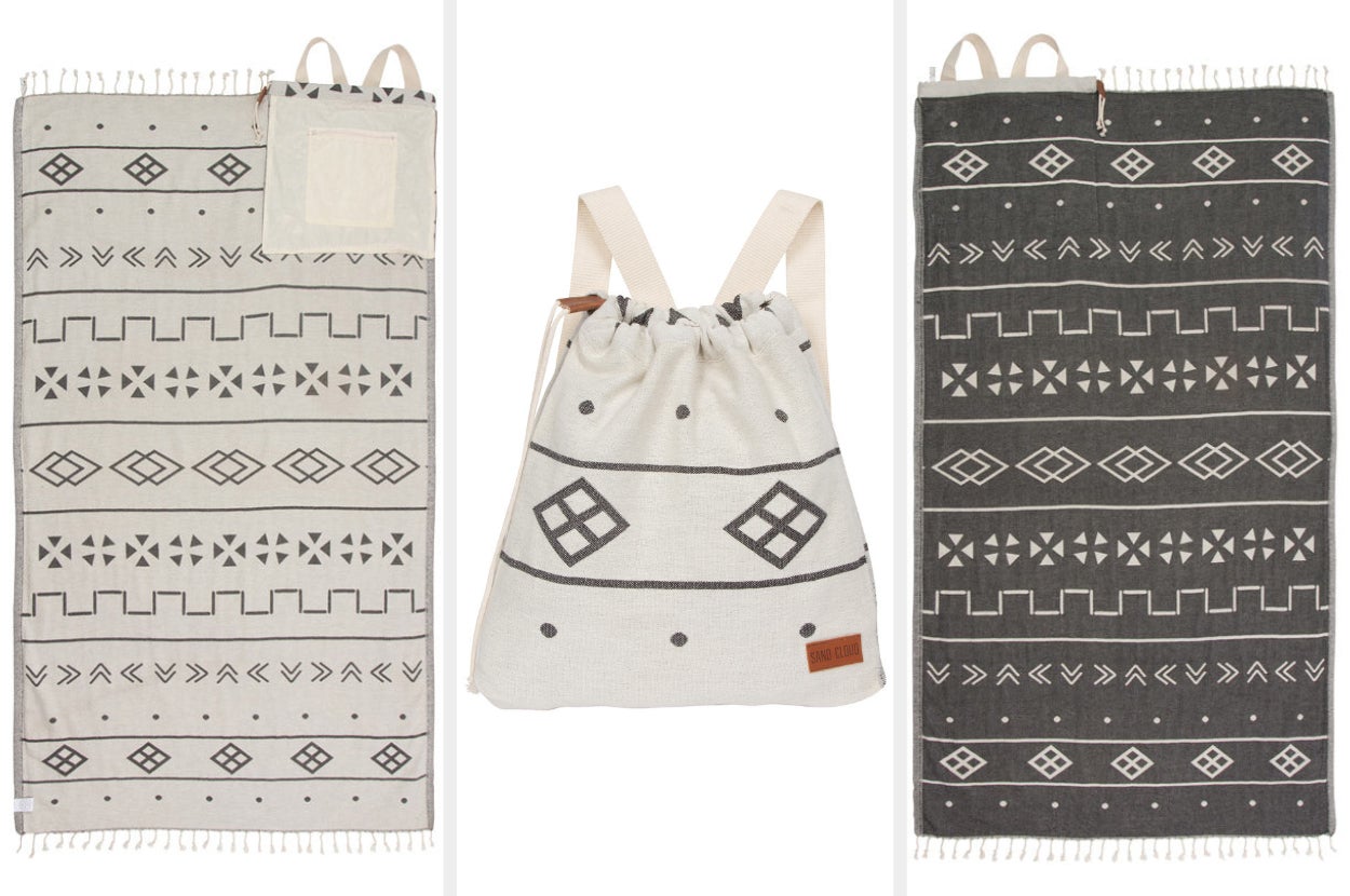 Three images of the ivory and gray bag towel
