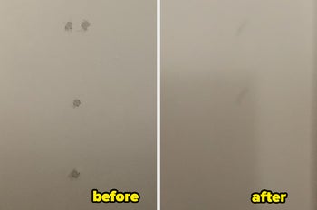 Reviewer's wall with four holes labeled before, and reviewer's wall after using the product with the holes barely visible and looking even with the wall