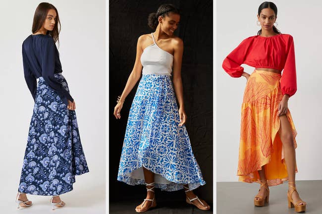 Three images of models wearing blue and orange maxi skirts