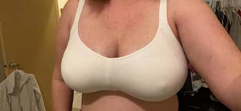 a reviewer wearing the butterscotch bra