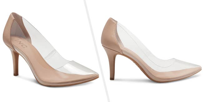 Two images of beige and clear heels
