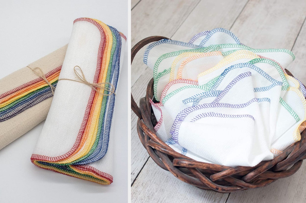 Two rainbow colored-stitched cloths with twin, products unrolled in a basket