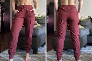 Two images of reviewer wearing red pants front and back