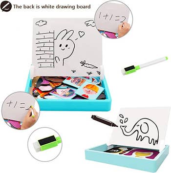 The lid on the box being used as a dry-erase board
