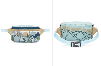 Front and back view of blue, green, yellow, and white fanny pack with mountain landscape on the front and back