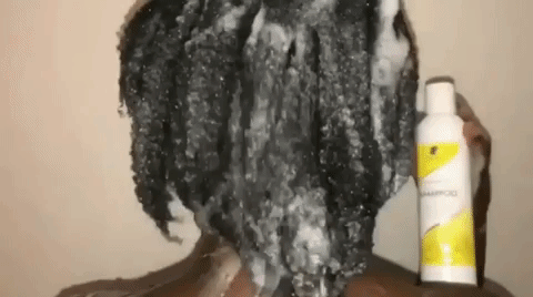GIF of a hand detangling type four hair with the avocado infused shampoo in it