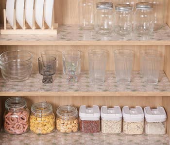 Kitchen cabinet shelves with floral liners