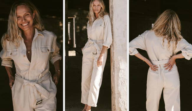 Three images of model wearing white jumpsuit