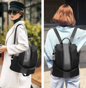 two photos of models wearing the backpack