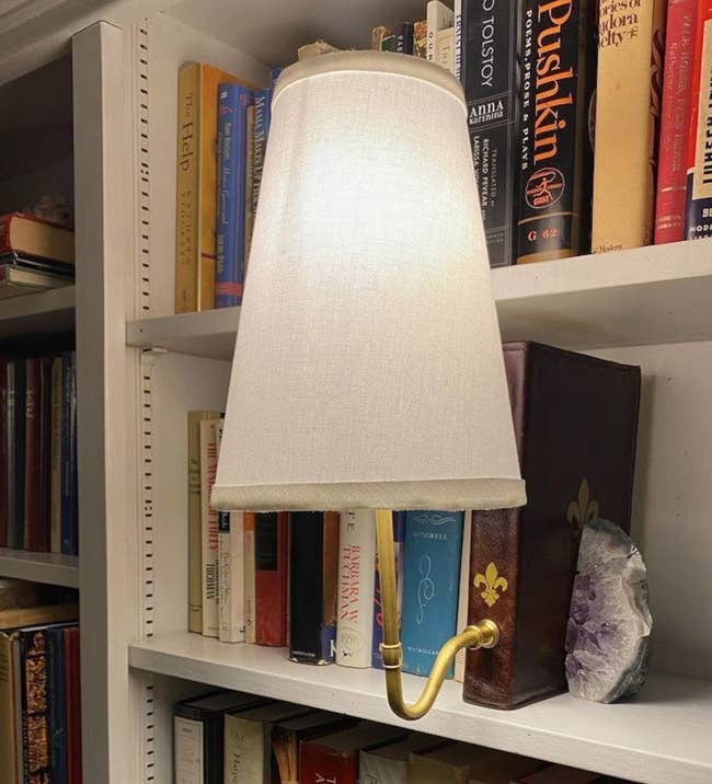 Wall-mounted lamp with a achromatic shade, attached to a bookshelf filled with assorted books and a decorative geode