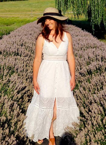 Reviewer wearing the white maxi dress