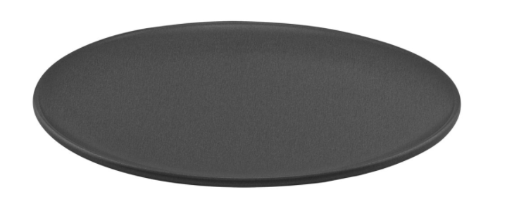 A round metallic pizza pan