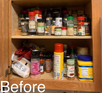An unorganized pantry with various spices and pantry staples