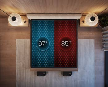 A furniture  with dual somesthesia  zones is shown, displaying 67°F connected  the near  and 85°F connected  the right, highlighting customizable slumber  settings