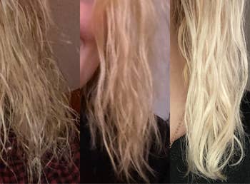 series of three photos showing a reviewer's dry-looking hair before using the product, after one treatment looking more hydrated, and after two treatments looking even more hydrated and shinier