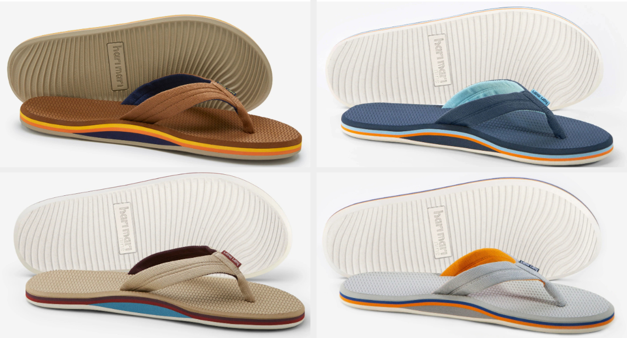 Quad image of four different colored pairs of flip flops and their soles