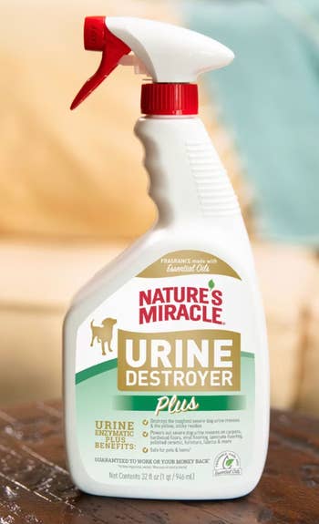 Nature's Miracle Urine Destroyer Plus spray bottle on a table, marketed for eliminating pet urine odors and stains with essential oils