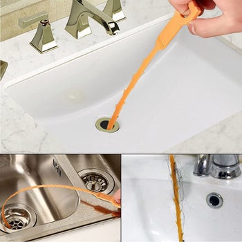 three pictures showing same drain clog remover going down sink and lifting up hair from it